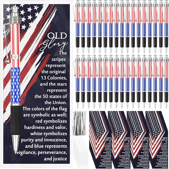 75 Sets American Flag Ballpoint Pens Bulk USA Patriotic Themed Black Ink Retractable Pen Stars Stripes Bookmarks Stationery Easter Party Gifts for Home Office Army Veterans Souvenirs