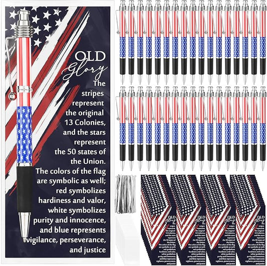 75 Sets American Flag Ballpoint Pens Bulk USA Patriotic Themed Black Ink Retractable Pen Stars Stripes Bookmarks Stationery Easter Party Gifts for Home Office Army Veterans Souvenirs