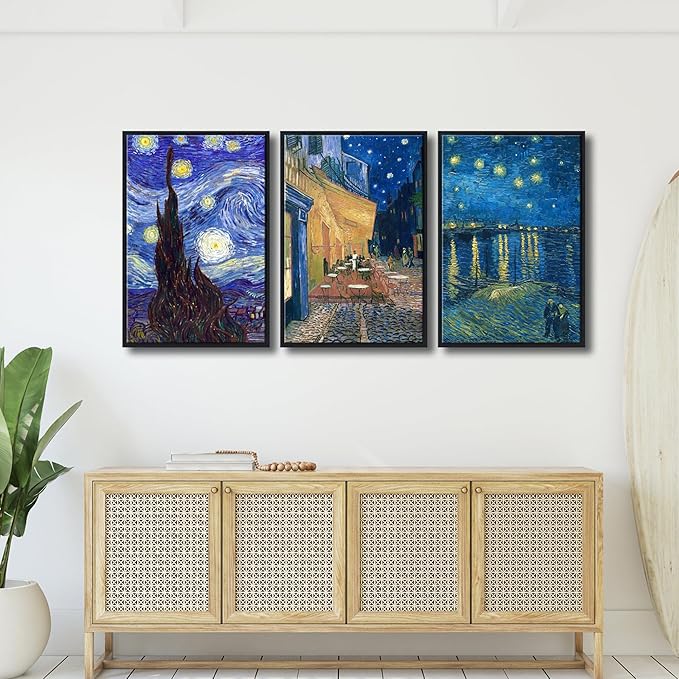 Wieco Art Black Framed 3 Panels Canvas Prints of Vincent Van Gogh Paintings Reproduction Starry Night Over the Rhone Cafe Terrace at Night Canvas Wall Art for Home Office Decor