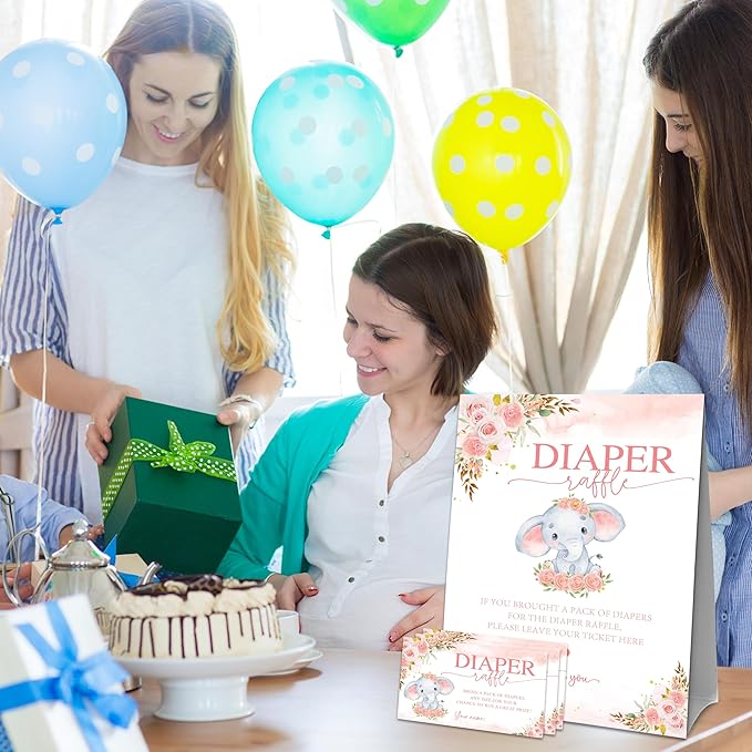 Floral Baby Shower Diaper Raffle Game Set - Pink Elephant 1 Standing Sign & 50 Diaper Raffel Tickets - Baby Announcement, Gender Reveal Party Activities & Decorations For Girls - A09