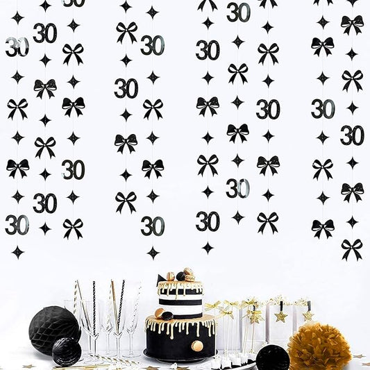 Black 30th Bow Birthday Decorations Glitter Conquette Bow Garland Streamer Banner for Womens Mens Happy 30th Birthday 30 and Fabulous Cheers to 30 Years Old Anniversary Vintage 1995 Party Supplies