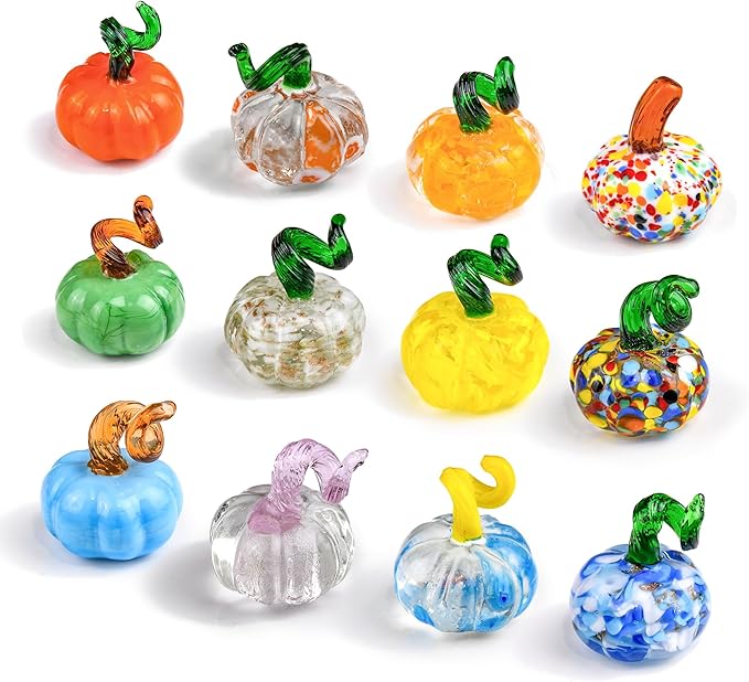 12PCS Glass Pumpkins Figurines for Halloween Thanksgiving Fall Harvest Christmas Decoration, Small Crystal Glass Art Pumpkin Paperweight Gifts