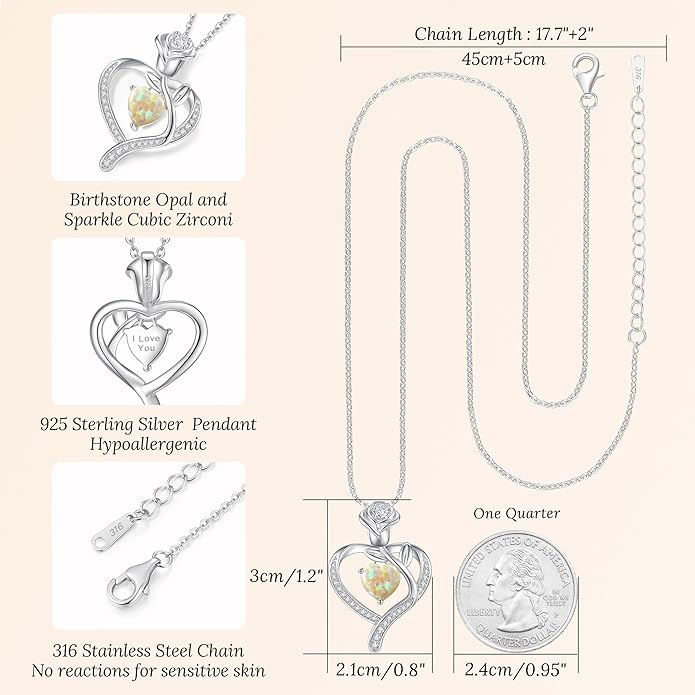 LOUISA SECRET Rose Flower Heart Birthstone Necklaces for Women, 925 Sterling Silver Fine Jewelry, Pendant Heart Necklaces Birthday Anniversary Christmas Gift for Women Wife Mom Girlfriend Lady