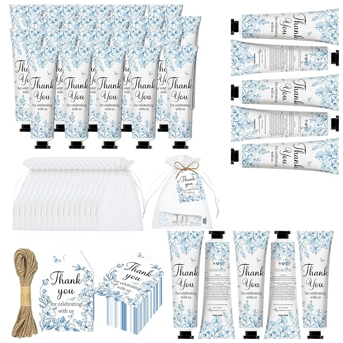 50 Sets Blue Flower Baby Shower Hand Cream Set, Hand Cream Favors for Guests Bridal Wedding Baby Shower Gift Bulk Travel Size Valentine's Gifts with Thank You Card & Organza Bags(blue flower)
