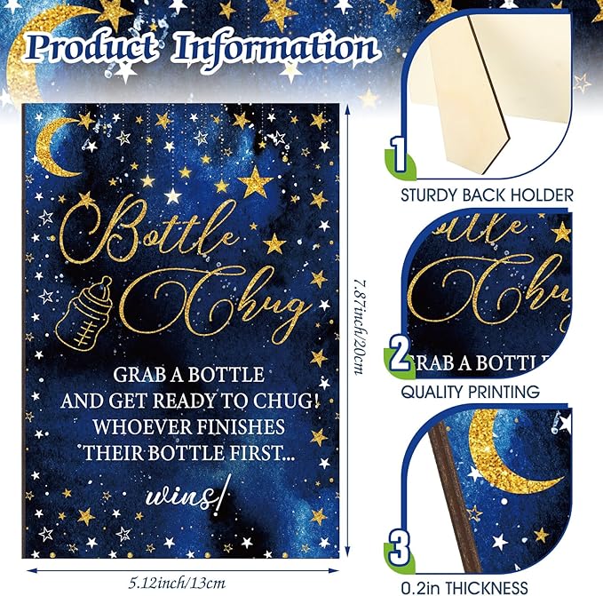 TrelaCo Star Cool Baby Shower Games Bottle Chug Sign Wooden Twinkle Moon and Star Gift Sets Gender Reveal Party Favors and 12 Pcs Baby Bottle Shower Supplies for Gender Reveal Game