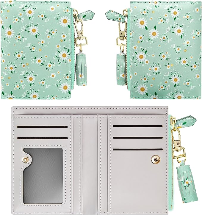 GEEAD Small Wallets for Women Bifold Slim Coin Purse Zipper ID Card Holder PU Leather Printed Blue Daisy