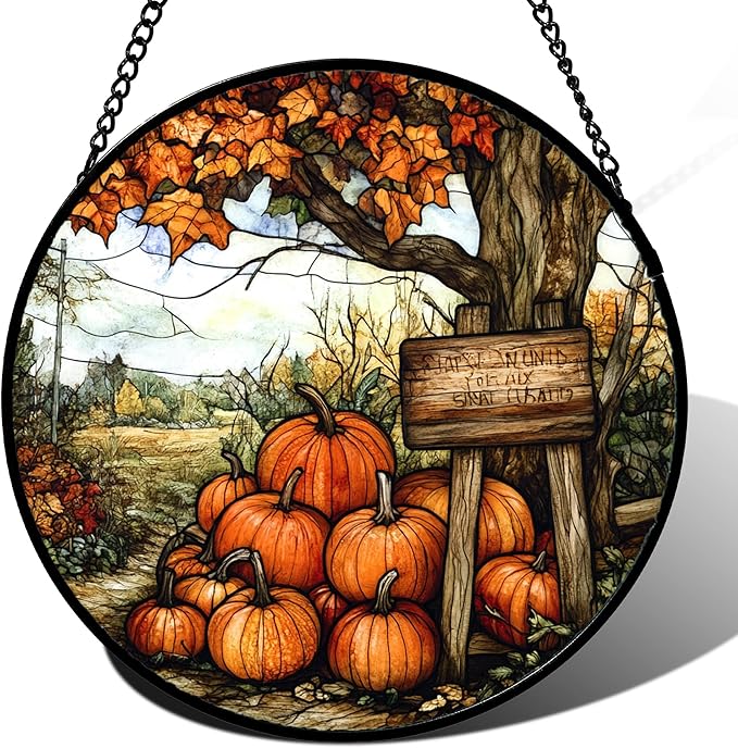 Stained Glass Window Hanging Fall Farm Scenery Maple Trees Pumpkin 9.8" - Suncatcher Door Garden Kitchen Sun Catcher Autumn Decor Birthday for Mom Nana Men Woman Friend