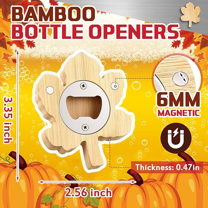 Vesici 12 Pcs Bamboo Maple Leaf Shape Magnetic Bottle Opener 2.5in DIY Bamboo Beer Openers Wooden Fridge Magnet Refrigerator Sticker Gift for Thanksgiving Beer Lover Wedding Guest Kitchens Bars Party