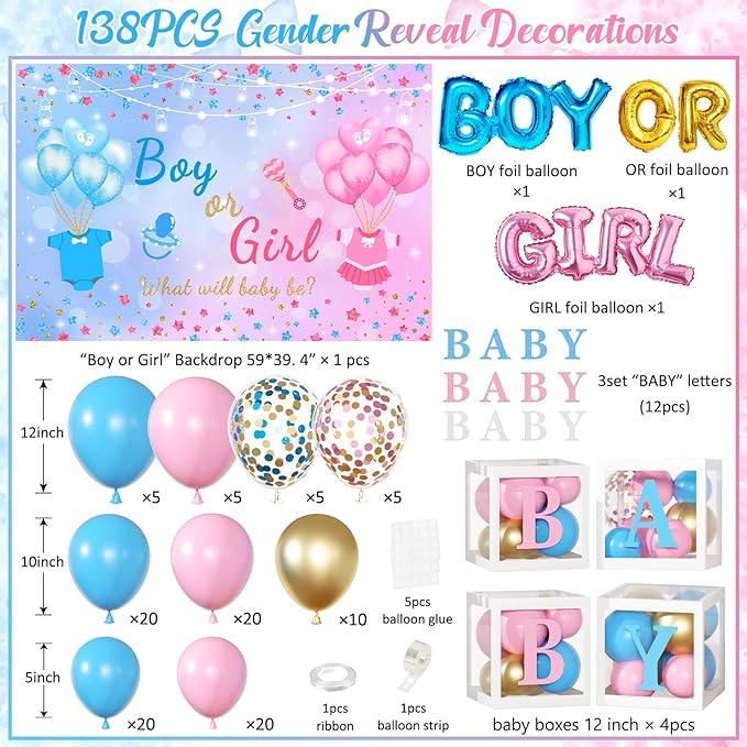 Gender Reveal Balloon Boxes Decorations - 138pcs Pink Blue Balloon Garland Kit, 4pcs Baby Box With Letters, Boy or Girl Backdrop for Baby Shower, Boy or Girl Gender Reveal Party Supplies