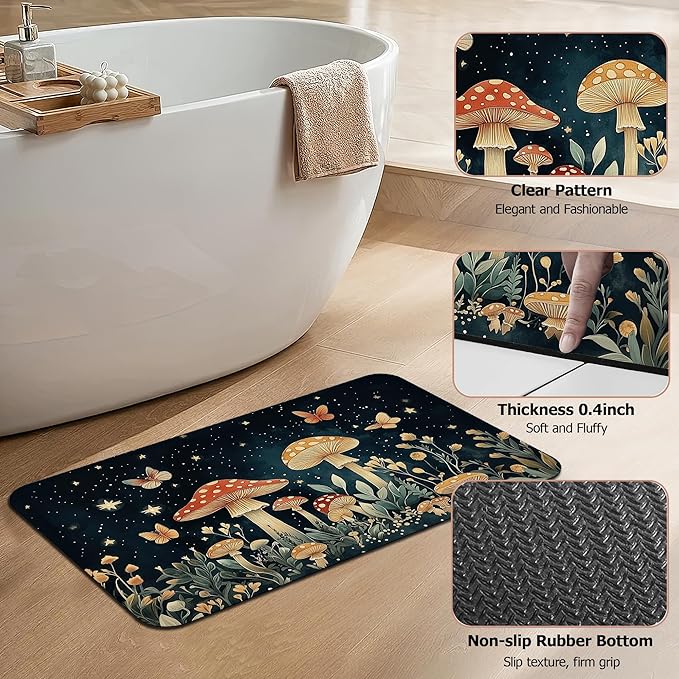 Diatomaceous Earth Bath Mat,Fantasy Mushroom Bath Rugs,Butterfly Stars Non-Slip Thin Absorbent Fast Drying Easy to Clean for Bathroom Laundry Home Kitchen Door Mat 17x29.5Inch
