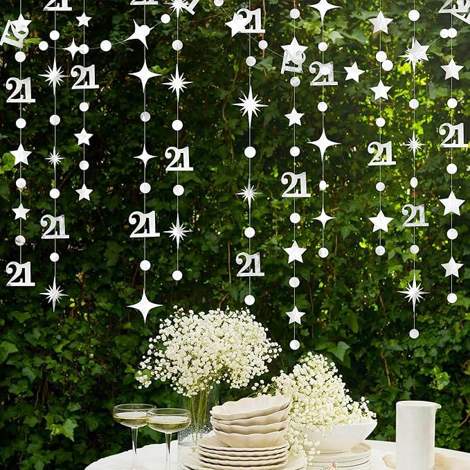 Silver 21st Birthday Decorations Number 21 Circle Dot Twinkle Star Garland Metallic Hanging Streamer Banner Backdrop for Girls Boys Cheers to 21 Years Finally Legal Bday 21st Anniversary Party Decor
