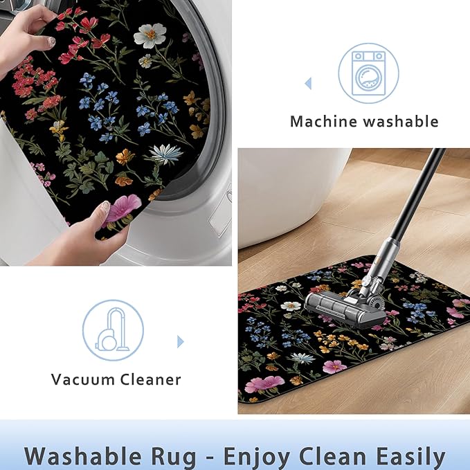 Groovy Flowers Bathroom Rug 29.5"x17", Super Absorbent Fast Drying Bath Mat with Non-Slip Rubber Backing, Thin Low-Profile Easy-Clean Bathroom Floor Mat for Shower or Tub