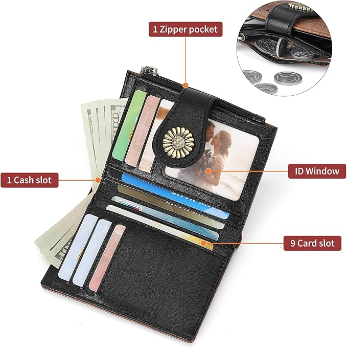 SENDEFN Small Wallets for Women Bifold RFID Blocking Leather Card Holder Compact Wallet with Zipper Coin Pocket