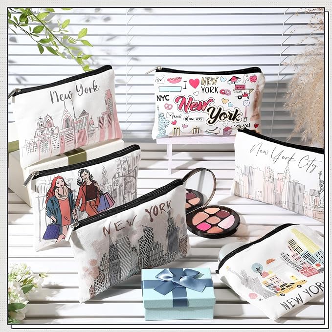 Landical 6 Sets New York Souvenir Gifts Include 6 Pcs New York Cosmetic Bag and 6 Pcs Metal Keychain for Women Traveler Christmas Party Gifts