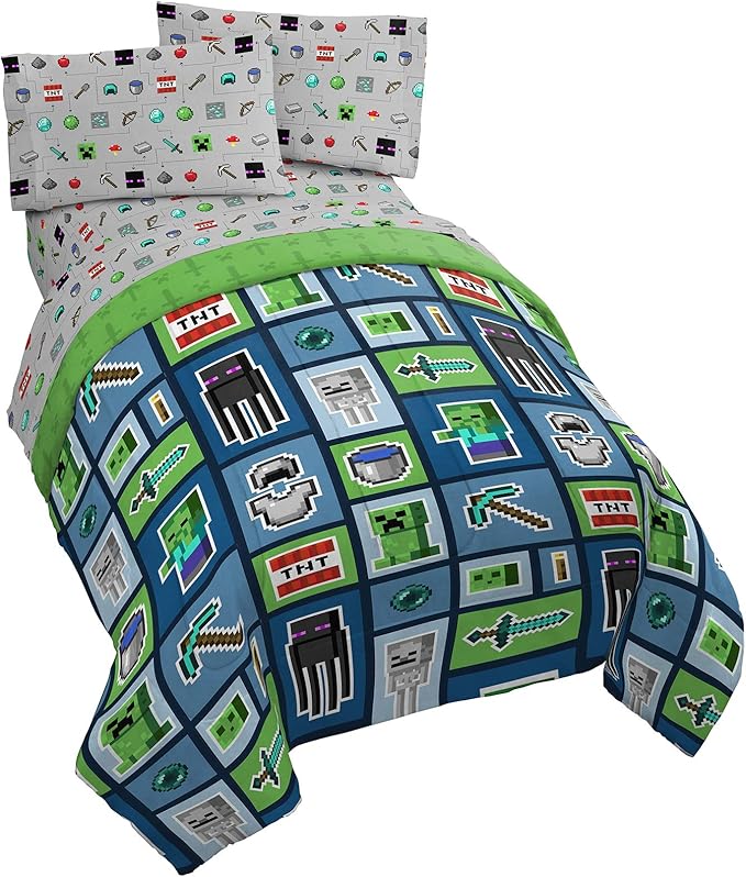 Jay Franco Minecraft Monster Hunters 5 Piece Full Bed Set - Includes Reversible Comforter & Sheet Set - Bedding Features Creeper - Super Soft Fade Resistant Microfiber (Official Minecraft Product)