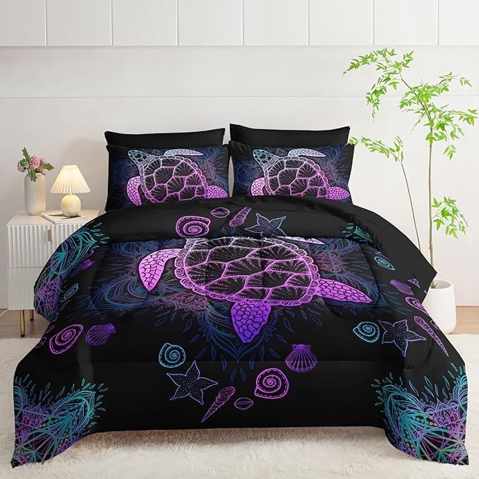 Sea Turtle Comforter Set (7 Piece) - Twin/Queen Size, Black Bedding, Teal Purple Ocean Theme, Soft Microfiber, Sheets Included