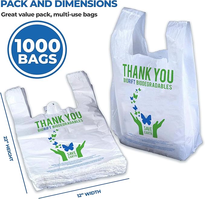 Biodegradable Thank You Bags | 1000 Count - Bulk | Extra Thick, Strong, Recyclable, & Reusable | 100% Biodegradable Shopping Bags, Grocery/Restaurant/Supermarket | 12" x 6.5" x 22" | Made in USA