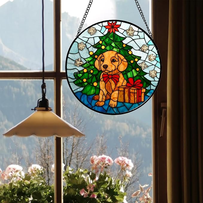 Stained Glass Window Hanging Green Christmas Tree Snowflake Dog Large 11.8" - Suncatcher Door Garden Sun Catcher Xmas Holiday Decor Birthday for Mom Men Woman Friend Nana