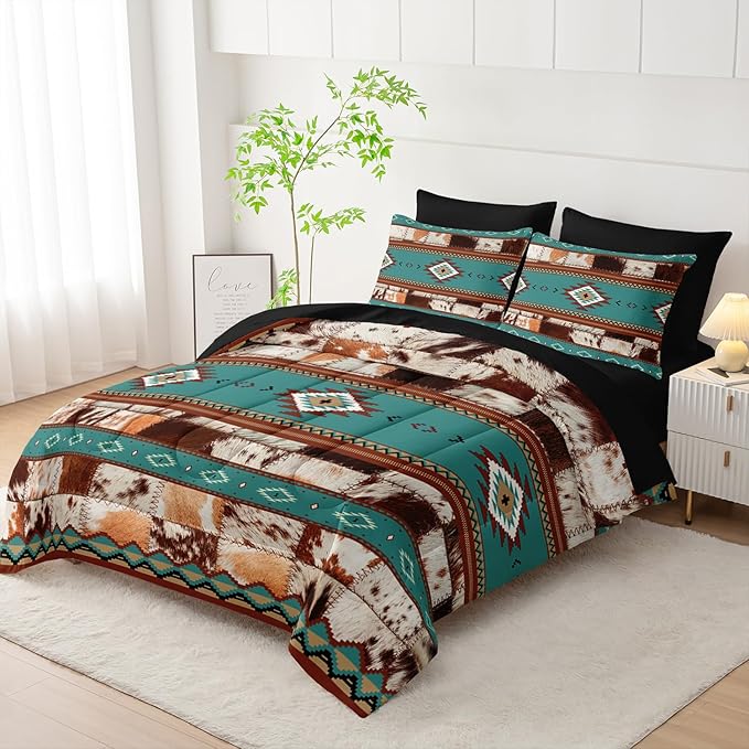 AILONEN Ethnic Cowhide Pattern Comforter Set Full,7-Piece Soft Bed in a Bag,Western Cow Fur Comforter & Fitted Sheet & Flat Sheet & 2 Pillowcases,2 Pillow Shams for Bedroom