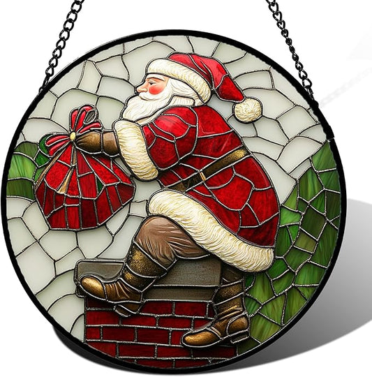 Stained Glass Window Hangings - Santa Claus Climbing The Chimney Suncatcher for Door Home Christmas Decor Sun Catcher Thanksgiving New Year Birthday Gifts for Women Men Mom Nana 11.8 in