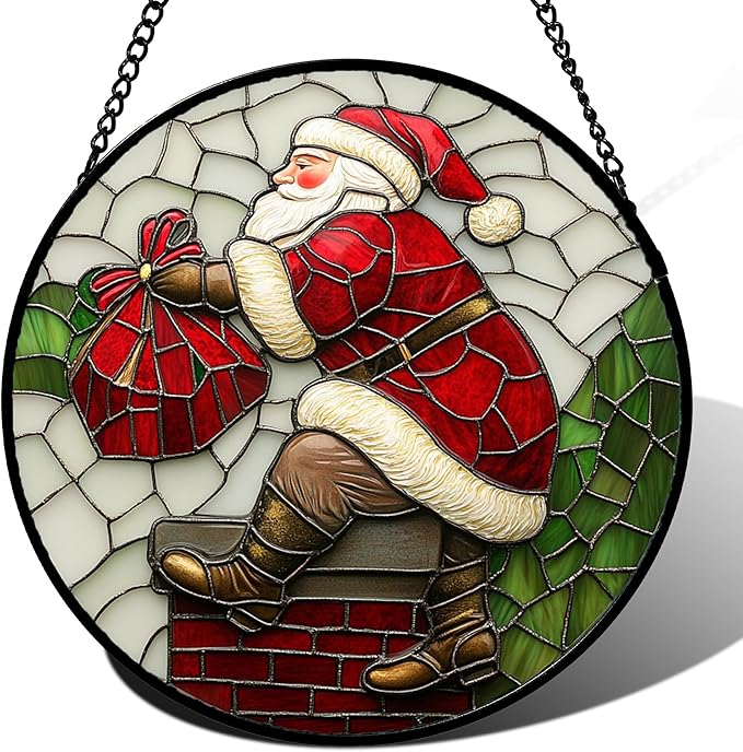 Stained Glass Window Hangings - Santa Claus Climbing The Chimney Suncatcher for Door Home Christmas Decor Sun Catcher Thanksgiving New Year Birthday Gifts for Women Men Mom Nana 9.8 in