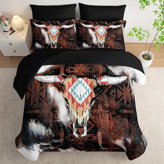 AILONEN Bull Skull Comforter Set Queen Size,7-Piece Cattle Cowhide Cow Print Bed in a Bag,Western Cowboy Comforter & Fitted Sheet with Flat Sheet & 2 Pillowcases,2 Pillow Shams for Bedroom