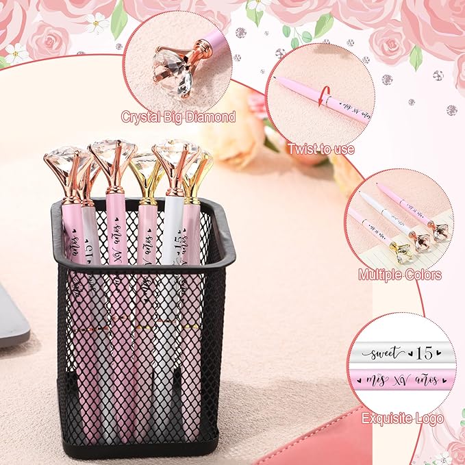 25 Sets Quinceanera Party Favors Sweet 15 Diamond Pens Fancy Ballpoint Pens with Crystal Birthday Party Thank You Cards and Ties Thank You Gifts for Guests Back School(White, Pink)
