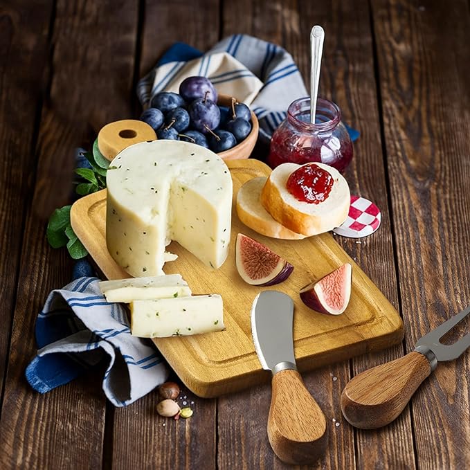 1 Set Bridal Baby Shower Cheese Prizes Wooden Square Board Gift Set Knives Forks Thank You Tags with Box for Guests for Valentines Bridal Baby Shower Housewarming (Teak Wood)