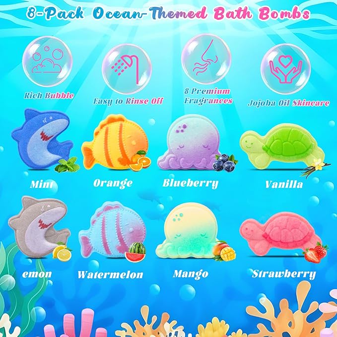 Sea Animal Bath Bombs for Kids with Surprise Inside, 8PCS Organic Essential Oil Shark Octopus Turtle Fish Bubble Bath Bombs for Kids，Birthday Gift for 3-8 Boys,Girls Ocean Party