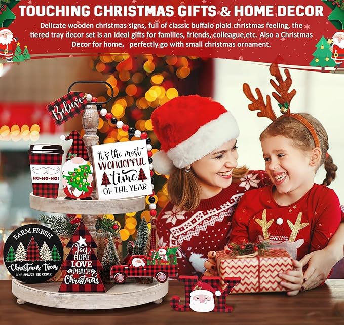 Christmas Tiered Tray Decor 8 PCS Xmas Decorations Indoor - Believe Merry Christmas Table Decor Wooden Signs - Xmas Farmhouse Decor 3 Tier or 2 Tier for Home Room Kitchen Mantel Holiday