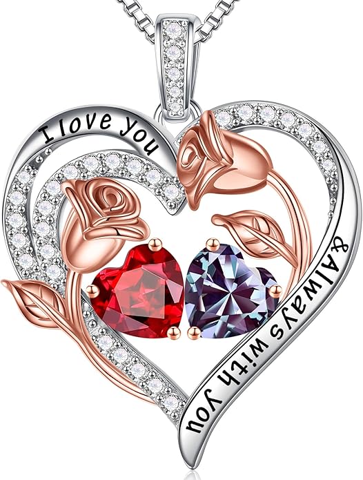 Iefil Valentines Day Gifts for Her - 925 Sterling Silver Rose Heart Birthstone Necklace Birthday Anniversary Jewelry Gifts for Her Wife Mom Daughter
