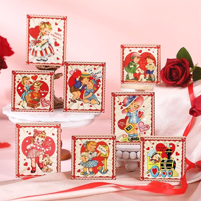 Wenqik 8 Pcs Vintage Valentine's Day Decorations Retro Valentine Wooden Sign Table Centerpiece Ornaments Farmhouse Red Heart Tiered Tray Decor for Home Tabletop Shelf Supplies, 8 Styles