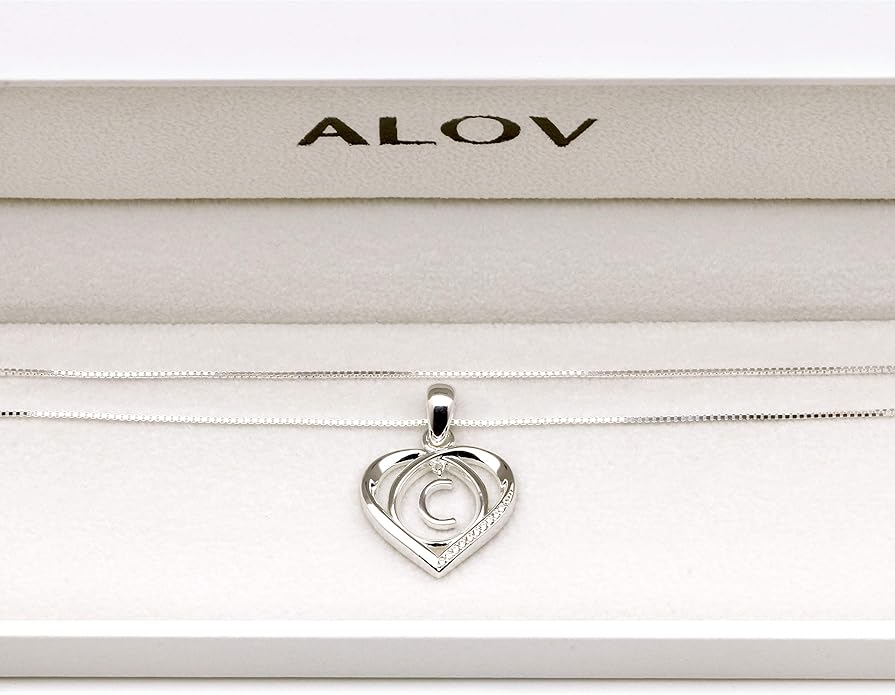 ALOV Jewelry Sterling Silver Initial Letter Alphabet Love Heart Cubic Zirconia Pendant Necklace
