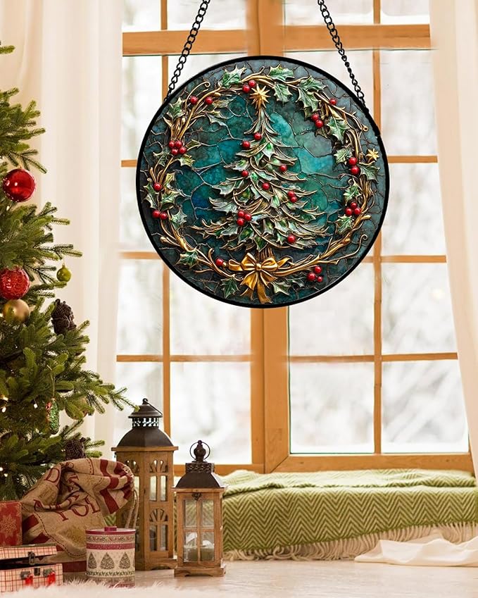 Stained Glass Window Hangings - Red Gold Green Wreath Suncatcher for Door Home Christmas Tree Decoration Sun Catcher Thanksgiving New Year Birthday Gift for Women Men Mom Grandma 6.3 in