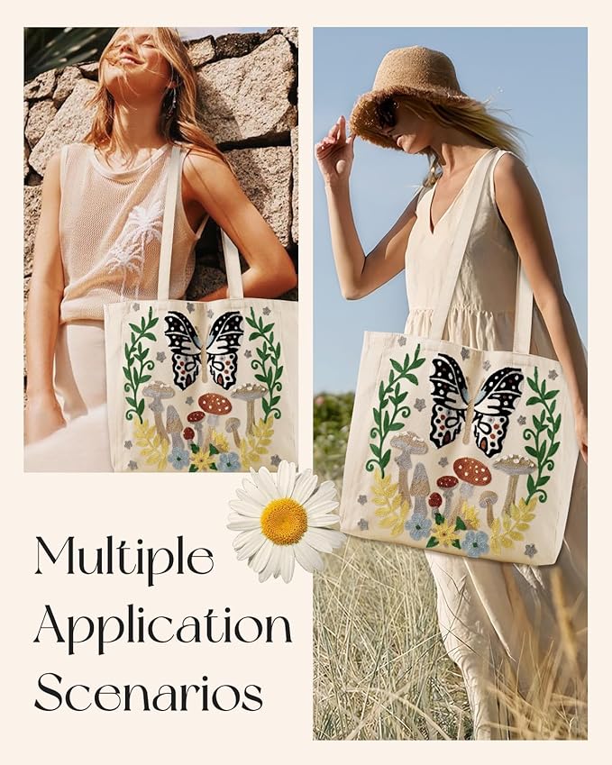 Miss Adola Aesthetic Embroidery Tote Bag for Women - Reusable Canvas Cute Shoulder Bag for Shopping, Grocery, Work, Book