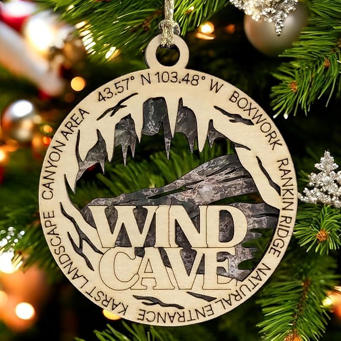 Wind Cave National Park with Natural Entrance - Scene 3" Wood Christmas Ornament- Laser Cut in USA