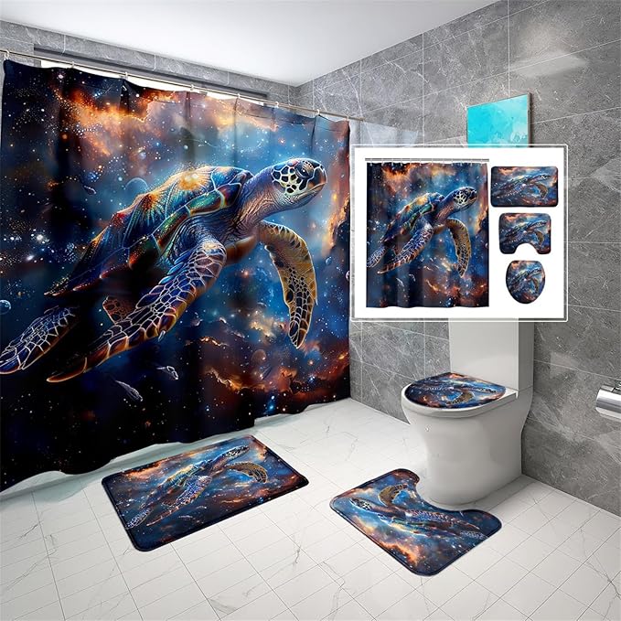 4 Pcs Sea Turtle Shower Curtain Set - Kids Bathroom Set Ocean Shower Curtains Turtle Shower Curtains for Bathroom Shower Curtain Set with Rug,Toilet Cover and Bath Mat with 12 Hooks