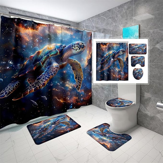 4 Pcs Sea Turtle Shower Curtain Set - Kids Bathroom Set Ocean Shower Curtains Turtle Shower Curtains for Bathroom Shower Curtain Set with Rug,Toilet Cover and Bath Mat with 12 Hooks