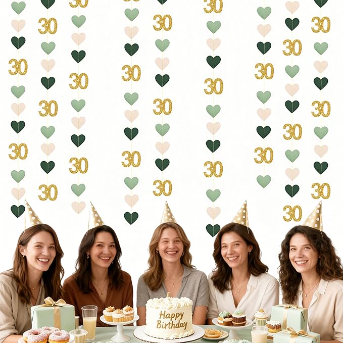 Sage Green Gold 30th Birthday Decorations Sage Green Gold Heart Garland Streamer Banner Backdrop for Women Happy 30th Birthday Dirty Thirty Cheers to 30 Years Old Fabulous Anniversary Party Supplies