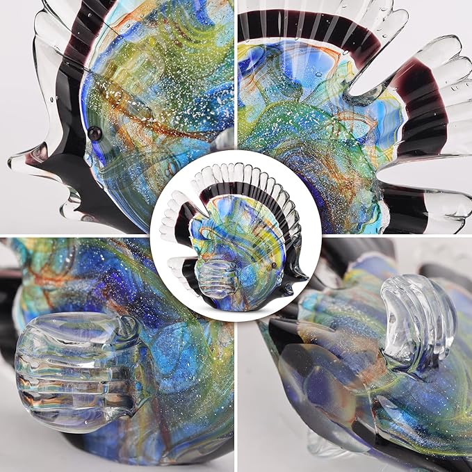 DOVDOV Blown Glass Fish Statues and Sculptures, Stained Glass Fish Modern Art for Coastal Style Home Decor, Shelves Office Fish Tank Bookcase and Entryway Entry Table Top Coffee Table.
