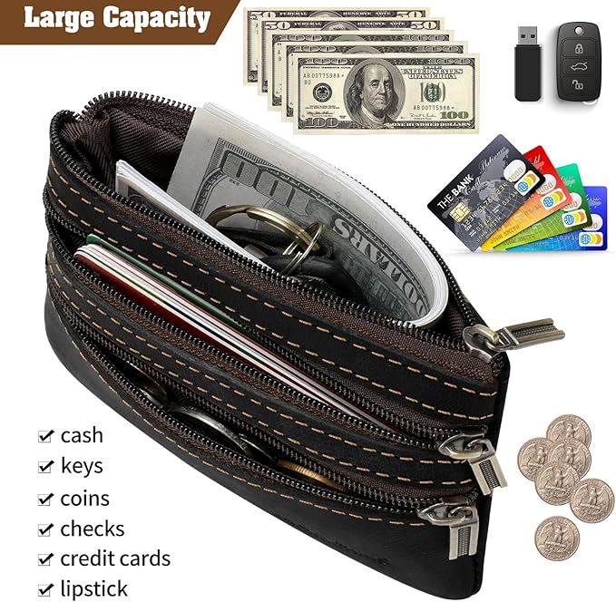 Jack&Chris Coin Purse Pouch for Men, Genuine Leather Coin Purse Zipper Pocket with Keychain Ring, Coin Bag for Men,JC301-Black