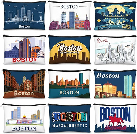 Reginary 12 Pcs City Souvenir Gifts Texas State Gifts Chicago City Souvenirs California Makeup Bag Paris San Francisco Alaska Zippered Cosmetic Bag for Women Traveler Souvenirs (Boston)