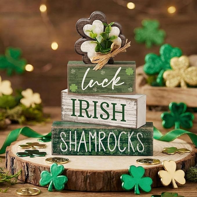 4 Pcs St. Patrick's Day Table Decorations Wooden Shamrocks Green Lucky St. Patrick Tiered Tray Decor Farmhouse Shamrock Blocks Signs Gifts Irish Themed Centerpiece Decorations for Home Decor