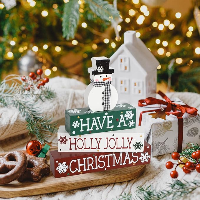 4 Pcs Christmas Decorations Indoor Wooden Snowman Table Sign Decor Table Centerpieces Xmas Merry Christmas Tabletop Block for Holiday Office Desk Tiered Tray Party Shelf Decor Farmhouse Winter