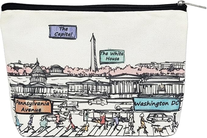 Cities Around the World Artwork Cosmetic Bag Series – Designed in USA, Travel Makeup Bag with Zipper, Souvenir Gift for Women, Artwork Organizer for Purse or Toiletry (Washington DC)