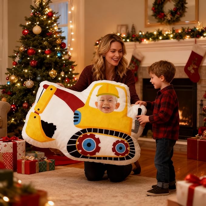 Custom Funny Construction Excavator Pillow with Kids Face Personalized Excavator Pillow for Boys Customized Soft Plush Pillow for Room Decor Play Perfect Birthday for Little Builders