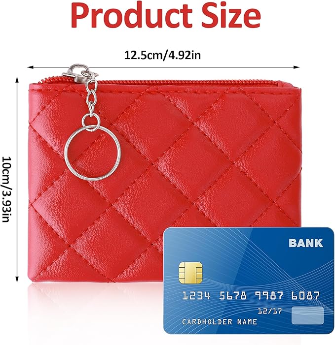 Real Leather Coin Purse with Rhombus Embroidery Zipper Keychain Mini Wallet for Women & Men (Red)