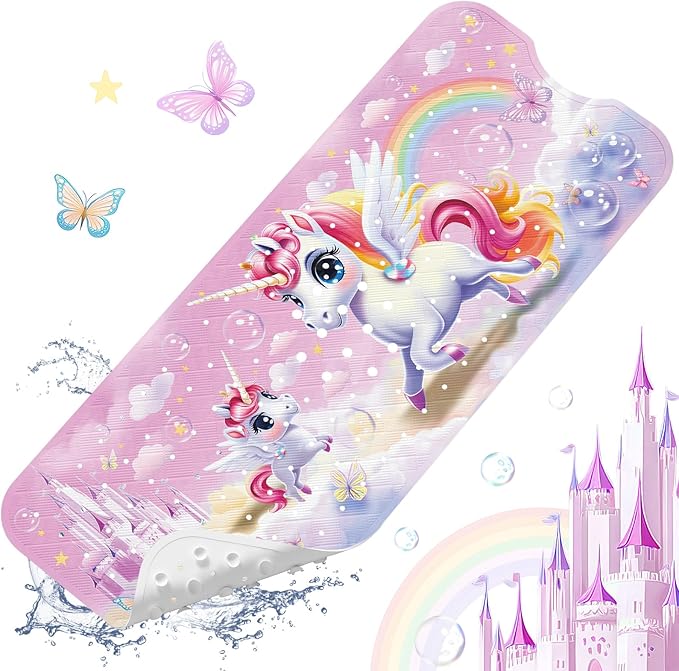 XIYUNTE Baby Bath Mat for Tub Non Slip Kids Bath Mat - 40''x16'' Extra Long Cartoon Bathtub Mat Non Slip Kids Shower Mat Eco-Friendly Toddler Bath Mats with Suction Cups, Machine Washable, Unicorn