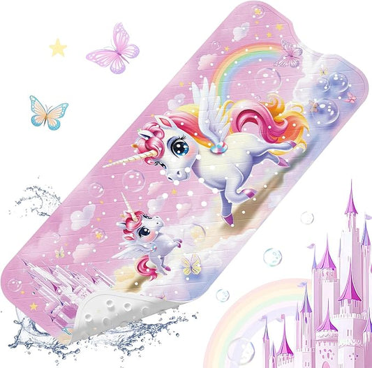 XIYUNTE Baby Bath Mat for Tub Non Slip Kids Bath Mat - 40''x16'' Extra Long Cartoon Bathtub Mat Non Slip Kids Shower Mat Eco-Friendly Toddler Bath Mats with Suction Cups, Machine Washable, Unicorn
