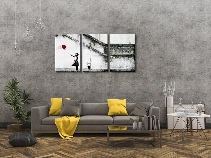 Wieco Art Banksy Grafitti Girl with Red Balloon Modern 3 Piece Famous Canvas Paintings Wall Art Inspirational Grey Love Pictures Print Artwork for Dining Room Kitchen Home Office Decor